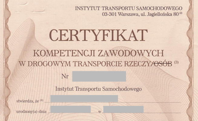 certyfikat kompetencji zawodowych w transporcie